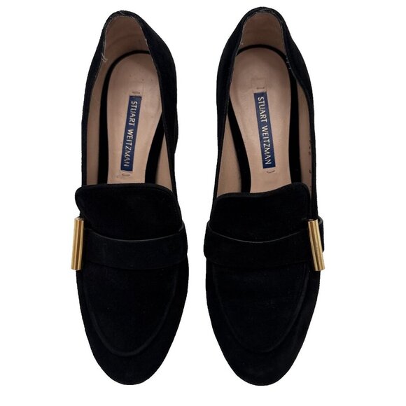 Stuart Weitzman Women The Preston Cylinder Pump Loafer Size 6 M black Suede Heel - Picture 4 of 16